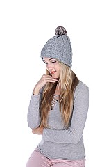 Fur Pom Pom Knit Beanie Hat - Plush Lining
