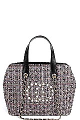 Smooth Fabric Classic Satchel Bag with Pearl Accent