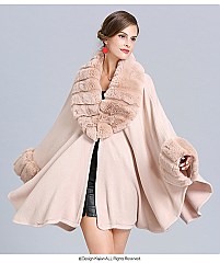 Classic Cashmere Cape With Sleeve With Faux Fur Trim