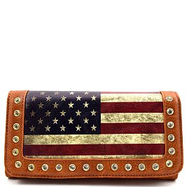 US Flag Print Rhinestone Checkbook Vintage Wallet