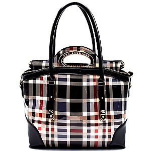 Two Bag Plaid Checker Pattern 2 in 1 Patent Tote