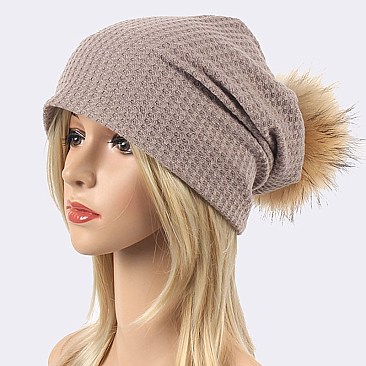 Raccoon PomPom Fur Cotton Slouchy Beanie LA-EXP1004