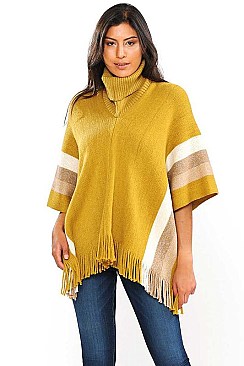 TURTLE NECK STRIPE WITH FRINGE PONCHO