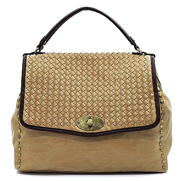 Woven Flap Brass-tone Matte Material Satchel MH-LMS064
