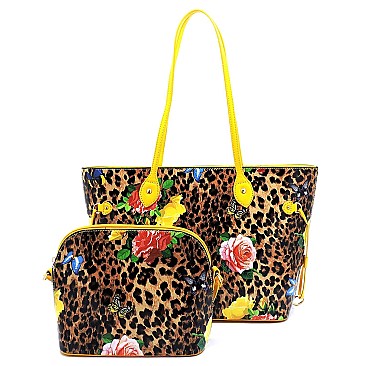 2 in 1 Butterfly Leopard Print Patent Tote Value SET