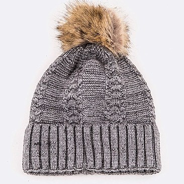 Faux Fur Cable Knit Wool Blend Beanie LA-7069