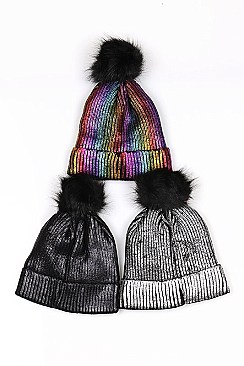 Metallic Foil Beanie w Pom-Pom