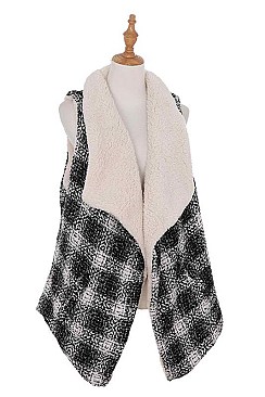 MULTI TONE PLAID PATTERN FAUX SHEARLING VEST