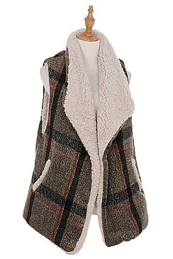 MULTI TONE PLAID PATTERN FAUX SHEARLING VEST