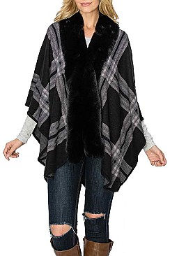 SOFT FUR COLLAR PLAID PATTERN PONCHO