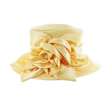 Lady Brim Satin Braid Hat with Mesh Ruffles, Stones and Feathers SLHTB2033