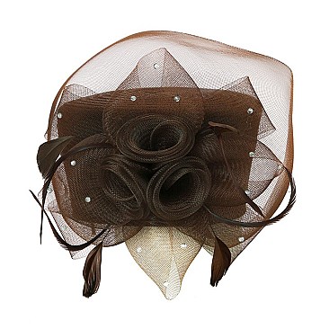 Pillbox Hat With Mesh Roses and feathers MEZ2108