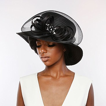 SATIN LADY HAT With LOOPY CENTER RHINESTONES AND DECORATIVE MESH  MEZ2168