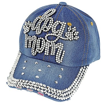 CUTE DOG MOM WITH DOG PAW RHINESTONE DISTRESSED DENIM BASEBALL CAP