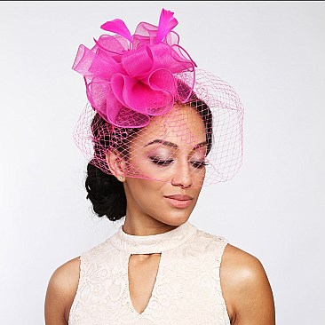 Classy Fascinator with Ruffle Mesh With Center Flower, Feathers And Veil Hair Clip And Headband D...