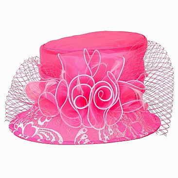 Ladies Organza Hat Small Brim Floral Decor MEZ2014