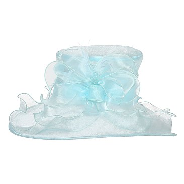 Ladies Organza Hat Medium Brim Feathers Decor MEZ2018