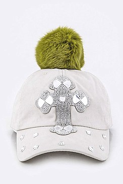 Crystal Cross Embelished Pom Pom Cap LA-EMH8552