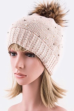 Chick Angora Beanie Raccoon Fur Pompom Pearl & Beads Accent LA-EXP1005