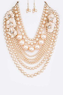 FLOWER ACCENT MIX PEARLS STATEMENT NECKLACE SET