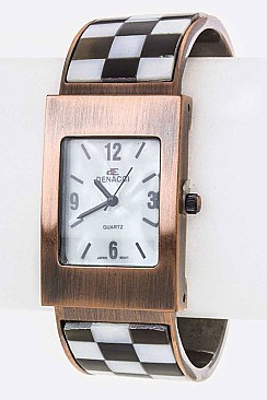 Stylish Paved Checker Shell Bangle Watch LA-BG1234L9