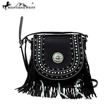 Fringed Flap Antique Silver and Turquoise Stones Messenger Bag