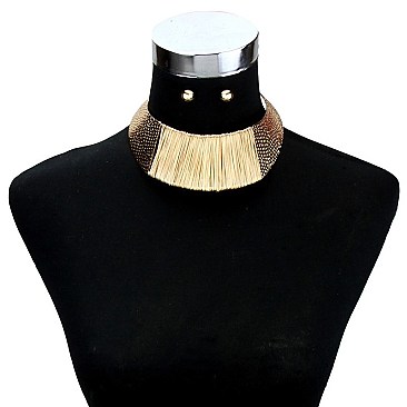 FASHIONABLE HAMMERED METAL COLLAR NK SET W/ SPUN WIRE CENTER SLN1349