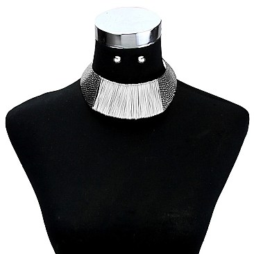 TRENDY HAMMERED METAL COLLAR NK SET W/ SPUN WIRE CENTER SLN1349R