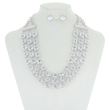 TRIPLE LAYERED RHINESTONES STATEMENT NECKLACE SET MEZN1499