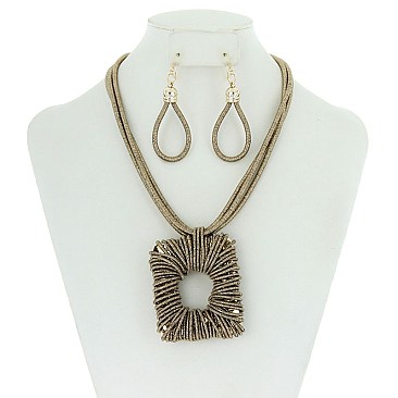 String Wrapped Rectangle Pendant  Necklace With Earrings MEZN1530
