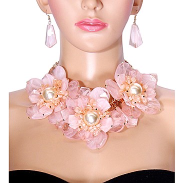 LRG MILKY STONE FLOWER NECKLACE