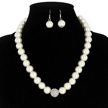 Chic Pearl & Crystal Rhinestone Ball Necklace Earrings Set