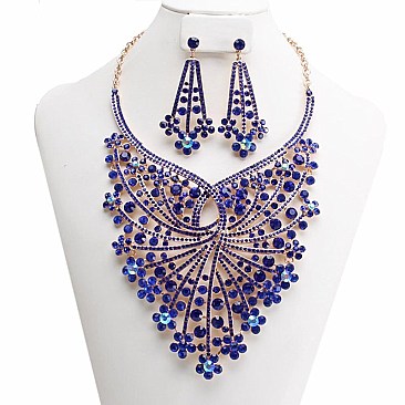 Large Symmetric Flower Branches Bib Style RHINESTONE NECKLACE SET MEZ7057