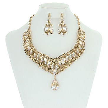 Princess Style Bib RHINESTONE NECKLACE With Large Centered TearDrop SET  MEZ8552