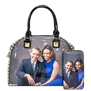 Obama Magazine Print Dome Stoned Satchel with Wallet 2 in 1 Set LU-PA0037