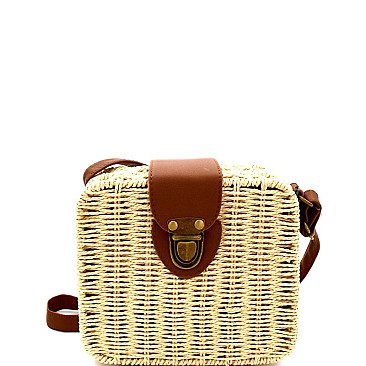 Woven Bamboo Push-Lock Boxy Crossbody Shoulder Bag MH-PPC5926