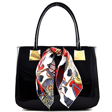 Celebrity Scarfed Accent Patent Tote