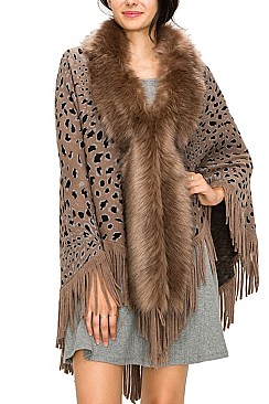 VEGAN Fur COLLAR ANIMAL PRINT Poncho FM-SCA2136