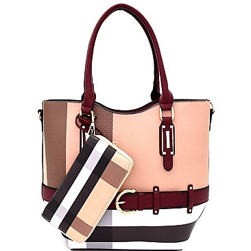 Plaid Print Belt Accent Tote SET Brown With Wallet