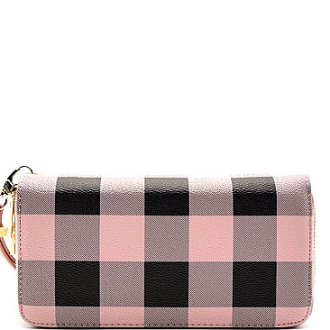 W0095GZ-LP Checker Plaid Print Double Zipper Wristlet Wallet