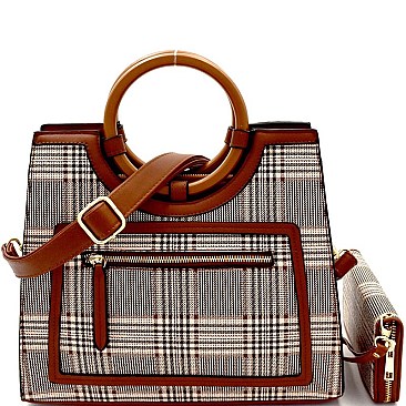 Wooden Handle Plaid Pattern Satchel Wallet SET  MH-AGZ6947W