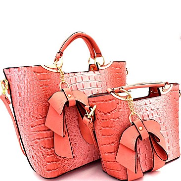 Crocodile Embossed Bow Charm Accent 2 in 1 Twin Satchel SET MZ-CY6986