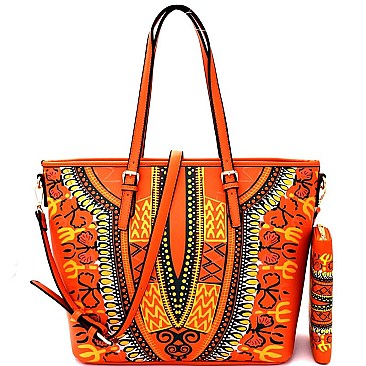 D0428W-LP Ethnic Print Shopper Tote Wallet SET