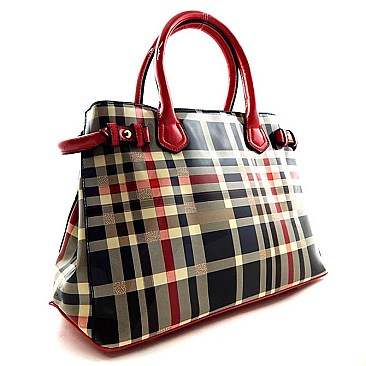 Classic Plaid Print Patent Satchel