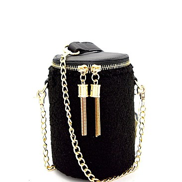 Metal Tassel Accent Faux-Fur Barrel-Shaped Cross Body MH-JY0204