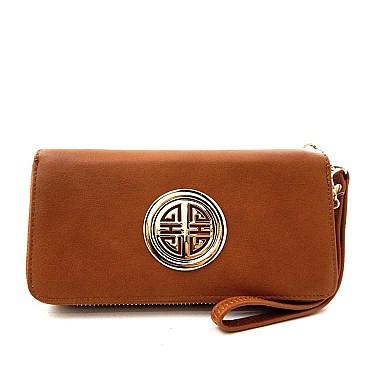 Double Zipper Emblem Accent Wristlet Wallet