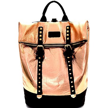 Stud Accent Metallic Fold-Over Fashion Backpack MH-KY7012