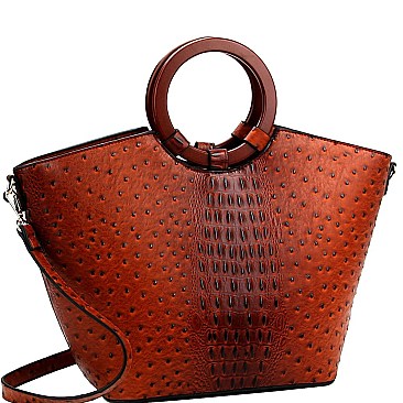 Wooden Handle Ostrich Print Satchel Wallet SET MH-LF1651W