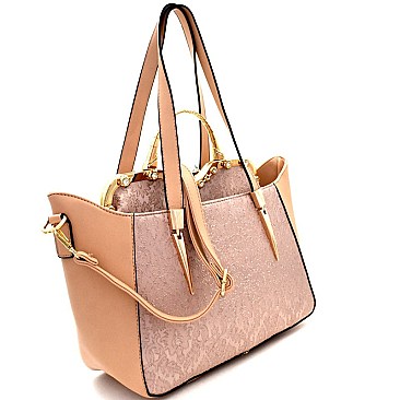 Jewel-Top Satchel Mixed-Material 2 in 1 Tote MH-LS7092