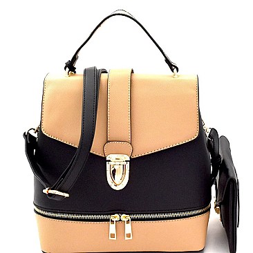 MA3016-LP Push-lock Color Block Convertible Backpack Satchel